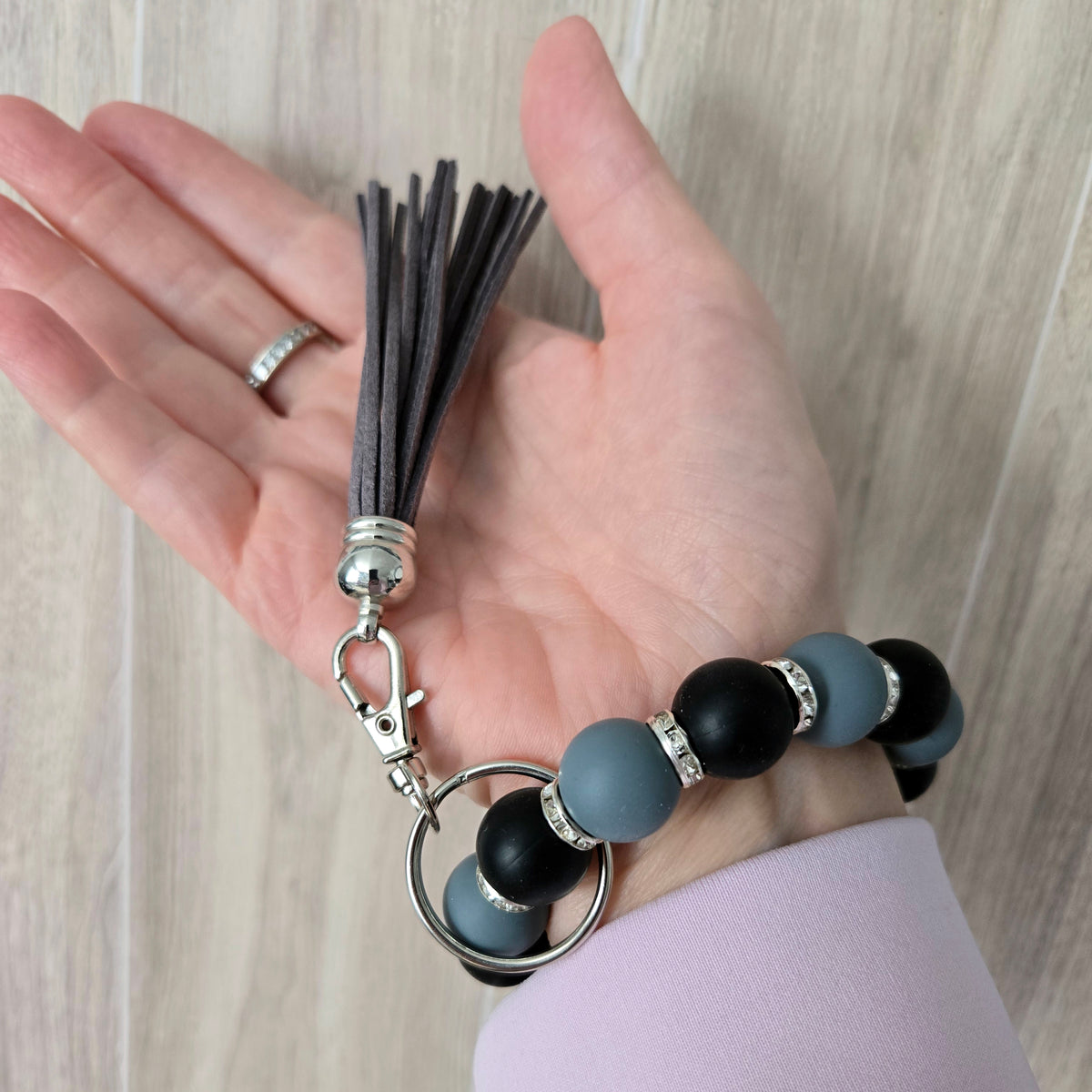 Beaded Wristlet Keychain - Silicone Key Holder Bracelet with Rhinestones and Tassel - Hands Free