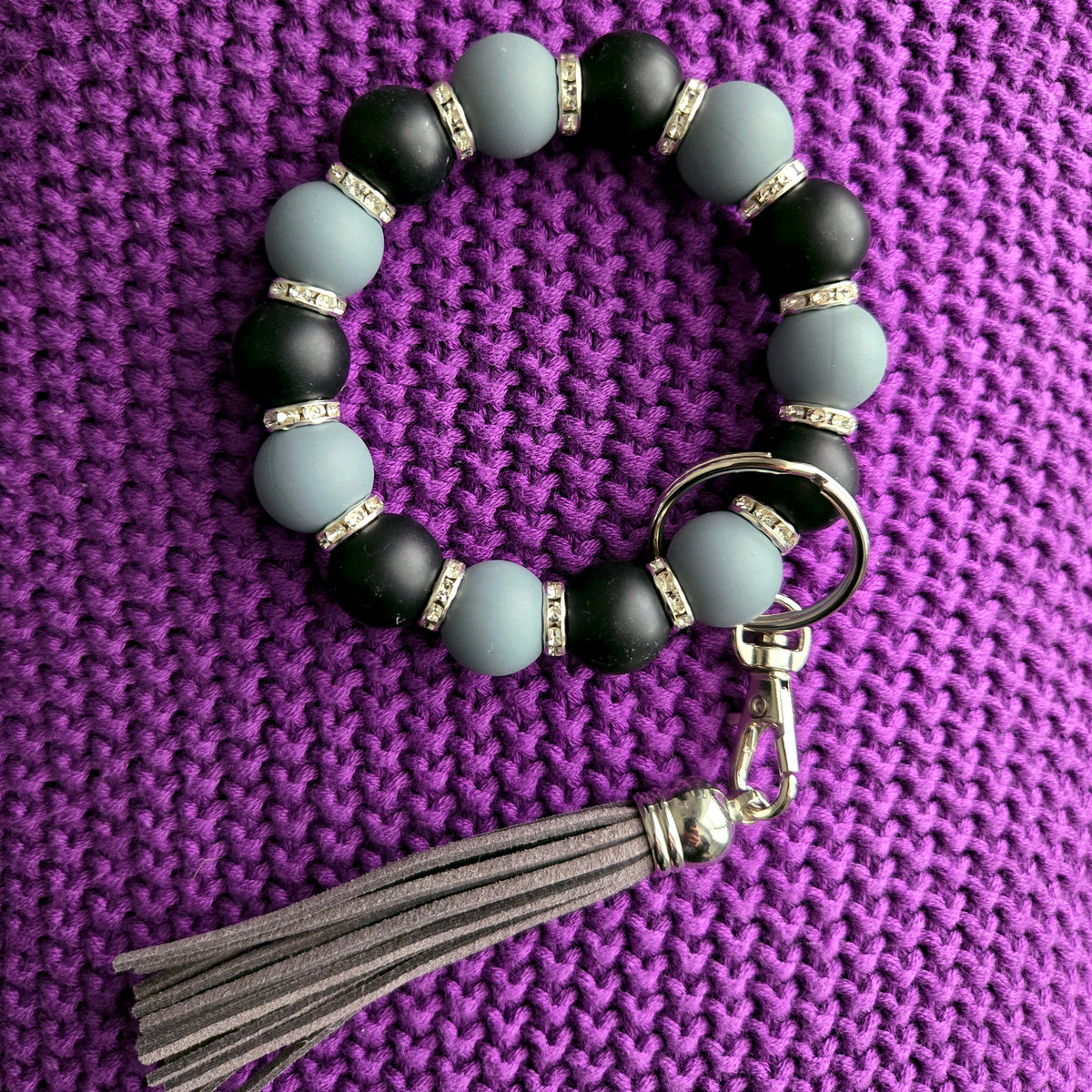 Beaded Wristlet Keychain - Silicone Key Holder Bracelet with Rhinestones and Tassel - Hands Free
