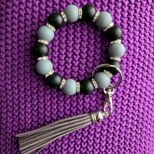 Beaded Wristlet Keychain - Silicone Key Holder Bracelet with Rhinestones and Tassel - Hands Free