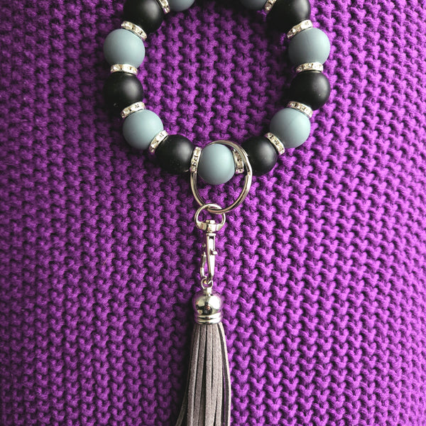 Beaded Wristlet Keychain - Silicone Key Holder Bracelet with Rhinestones and Tassel - Hands Free