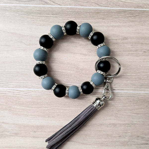 Beaded Wristlet Keychain - Silicone Key Holder Bracelet with Rhinestones and Tassel - Hands Free