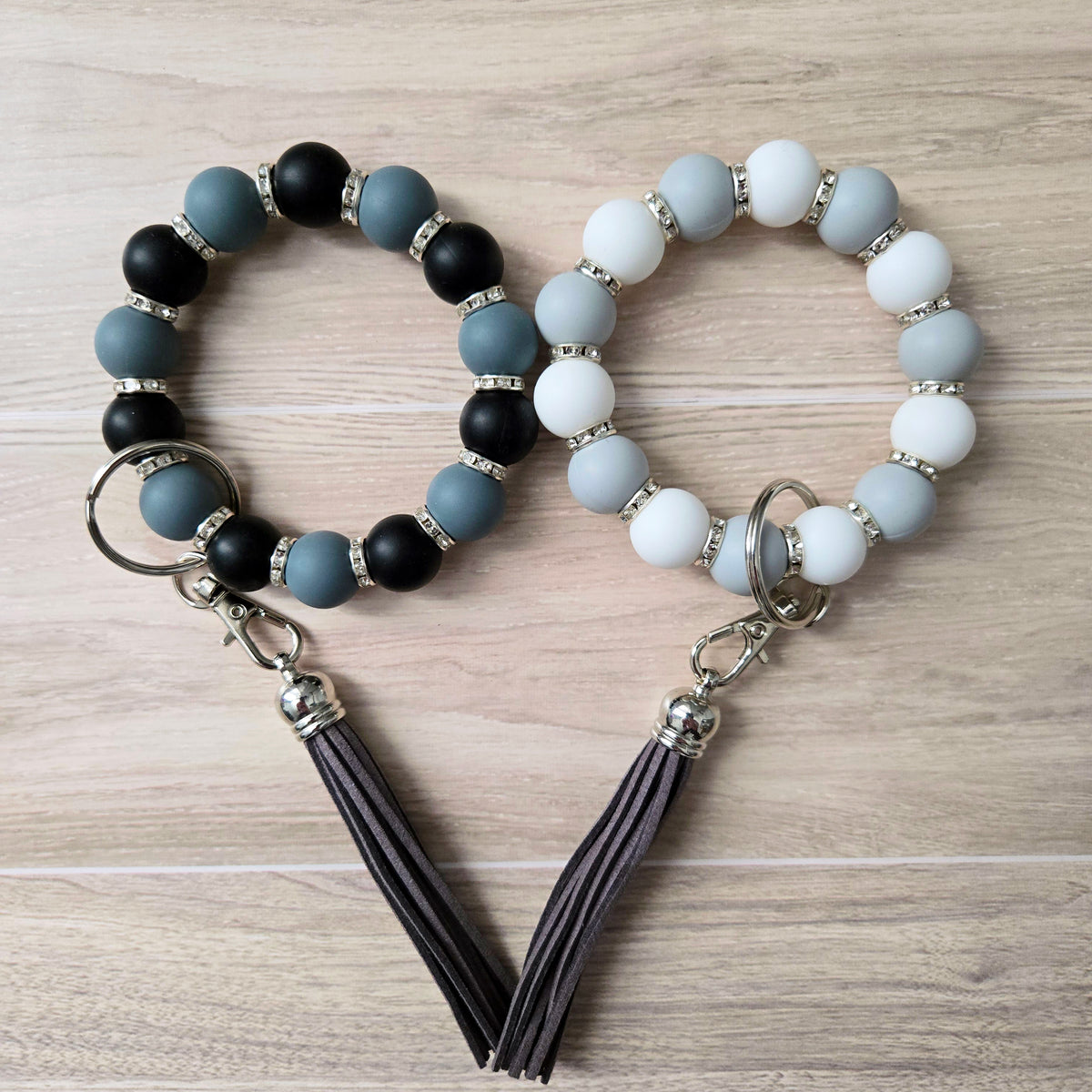 Beaded Wristlet Keychain - Silicone Key Holder Bracelet with Rhinestones and Tassel - Hands Free