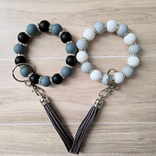 Beaded Wristlet Keychain - Silicone Key Holder Bracelet with Rhinestones and Tassel - Hands Free