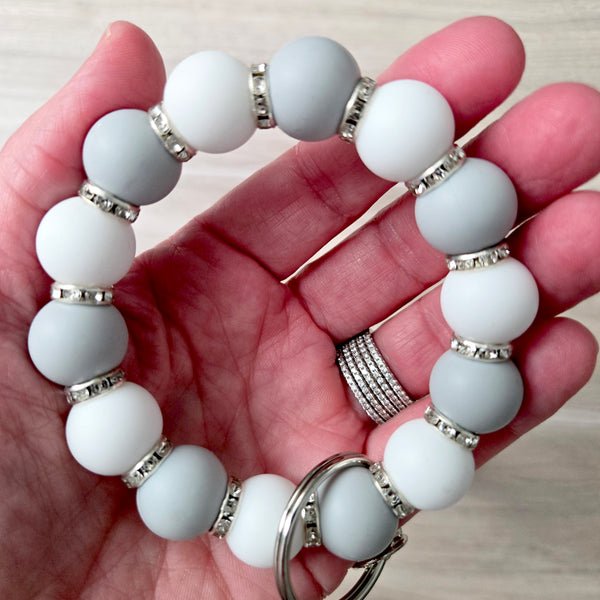 Beaded Wristlet Keychain - Silicone Key Holder Bracelet with Rhinestones and Tassel - Hands Free