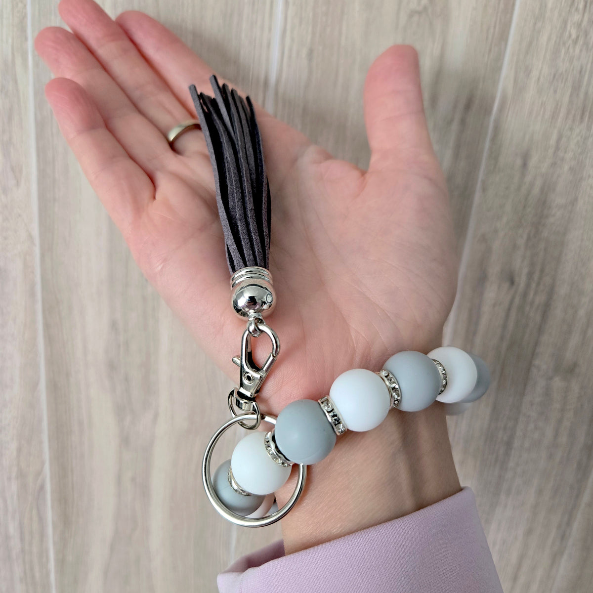 Beaded Wristlet Keychain - Silicone Key Holder Bracelet with Rhinestones and Tassel - Hands Free