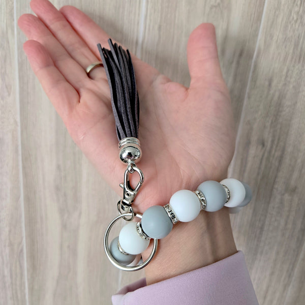 Beaded Wristlet Keychain - Silicone Key Holder Bracelet with Rhinestones and Tassel - Hands Free