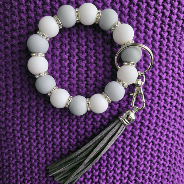 Beaded Wristlet Keychain - Silicone Key Holder Bracelet with Rhinestones and Tassel - Hands Free