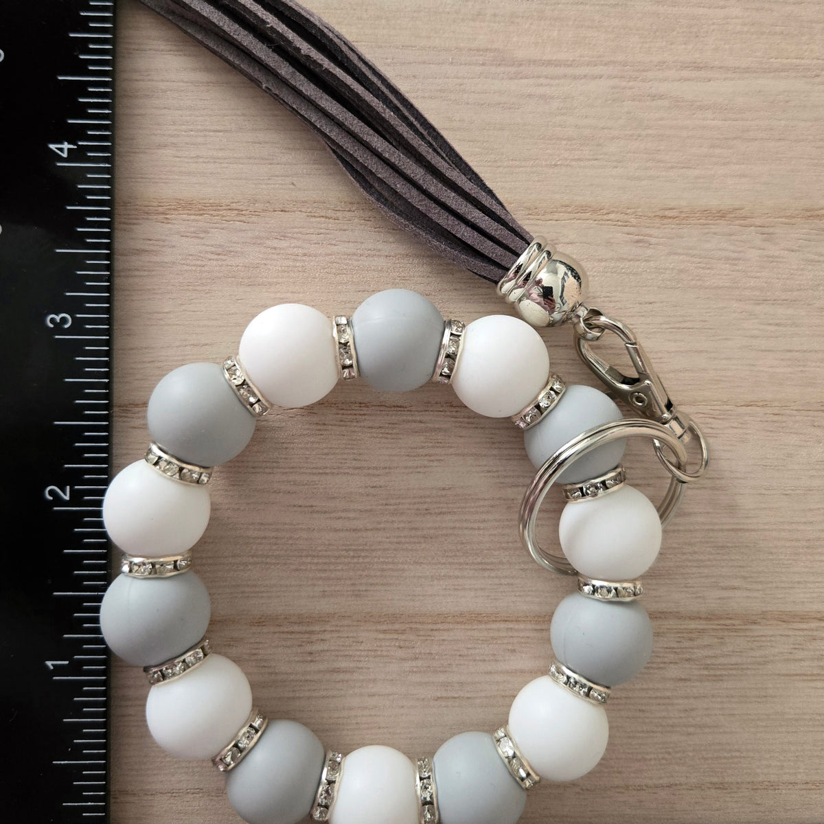 Beaded Wristlet Keychain - Silicone Key Holder Bracelet with Rhinestones and Tassel - Hands Free