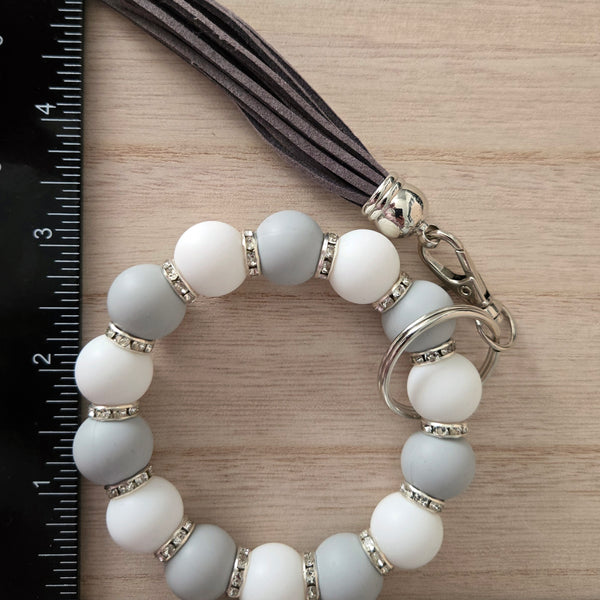 Beaded Wristlet Keychain - Silicone Key Holder Bracelet with Rhinestones and Tassel - Hands Free