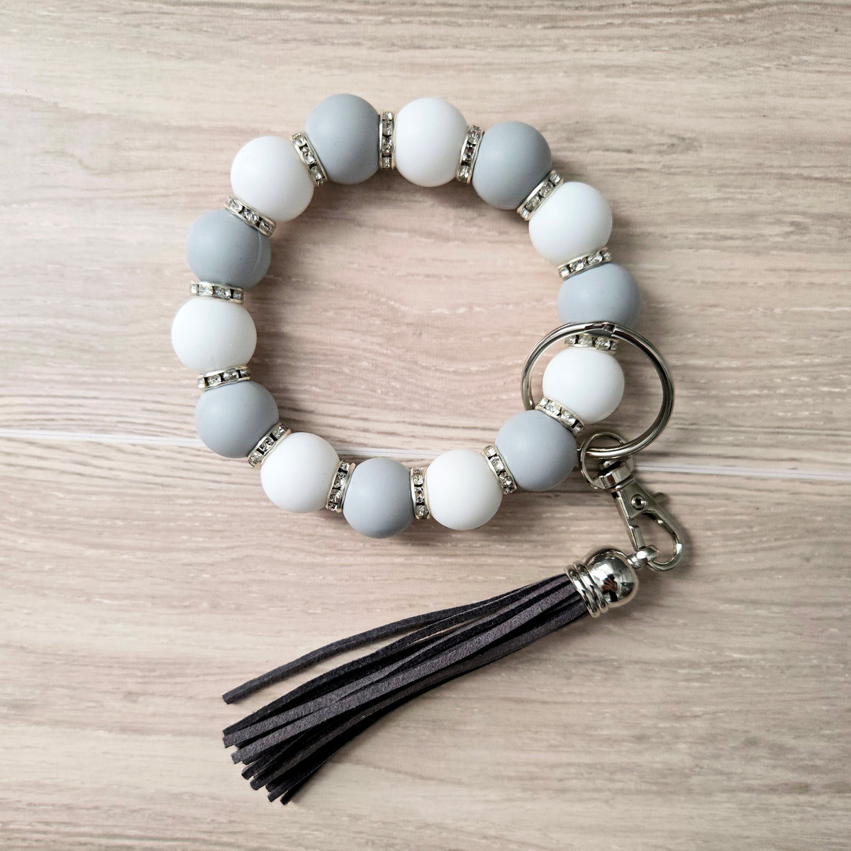 Beaded Wristlet Keychain - Silicone Key Holder Bracelet with Rhinestones and Tassel - Hands Free
