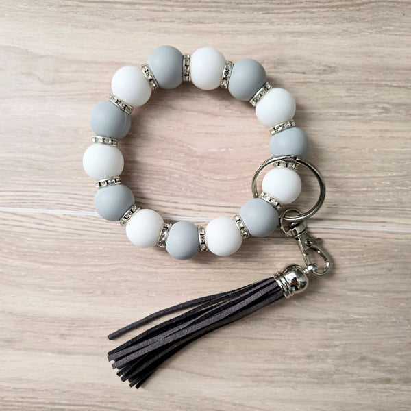 Beaded Wristlet Keychain - Silicone Key Holder Bracelet with Rhinestones and Tassel - Hands Free