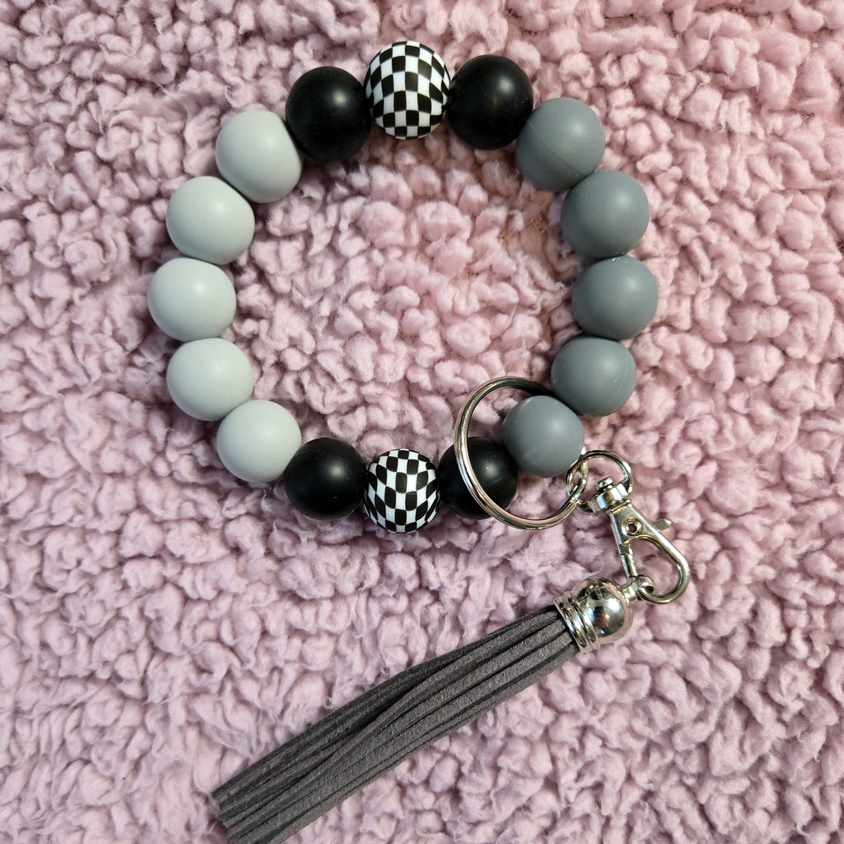 Wristlet Keychain - Checkered Beaded Silicone Key Fob Bracelet - Hands Free Keyring - Black Gray with Faux Leather Tassel