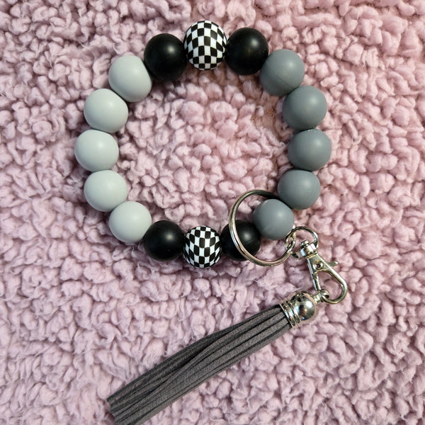Wristlet Keychain - Checkered Beaded Silicone Key Fob Bracelet - Hands Free Keyring - Black Gray with Faux Leather Tassel