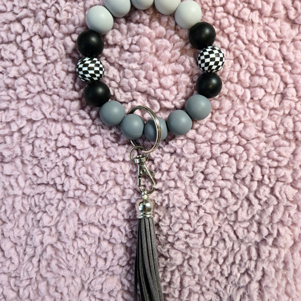Wristlet Keychain - Checkered Beaded Silicone Key Fob Bracelet - Hands Free Keyring - Black Gray with Faux Leather Tassel
