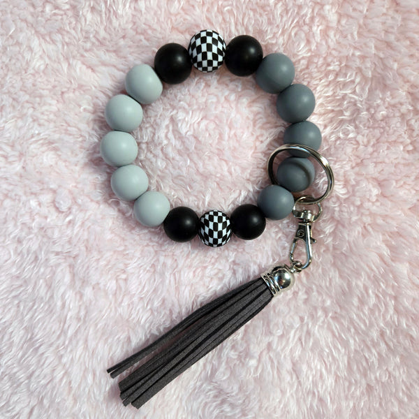 Wristlet Keychain - Checkered Beaded Silicone Key Fob Bracelet - Hands Free Keyring - Black Gray with Faux Leather Tassel