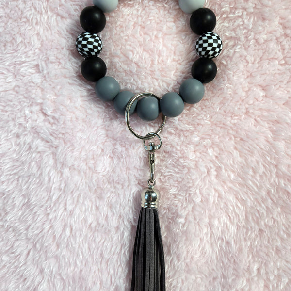 Wristlet Keychain - Checkered Beaded Silicone Key Fob Bracelet - Hands Free Keyring - Black Gray with Faux Leather Tassel