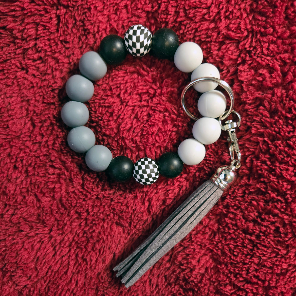 Wristlet Keychain - Checkered Beaded Silicone Key Fob Bracelet - Hands Free Keyring - Black Gray with Faux Leather Tassel