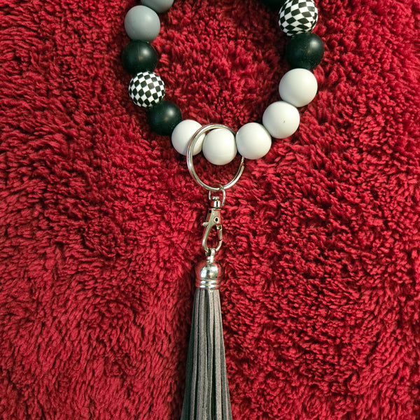 Wristlet Keychain - Checkered Beaded Silicone Key Fob Bracelet - Hands Free Keyring - Black Gray with Faux Leather Tassel