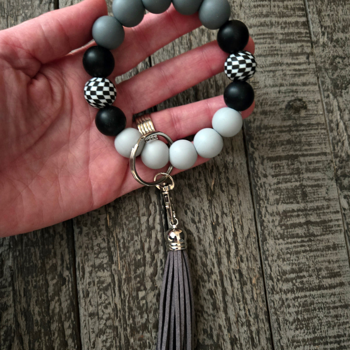 Wristlet Keychain - Checkered Beaded Silicone Key Fob Bracelet - Hands Free Keyring - Black Gray with Faux Leather Tassel