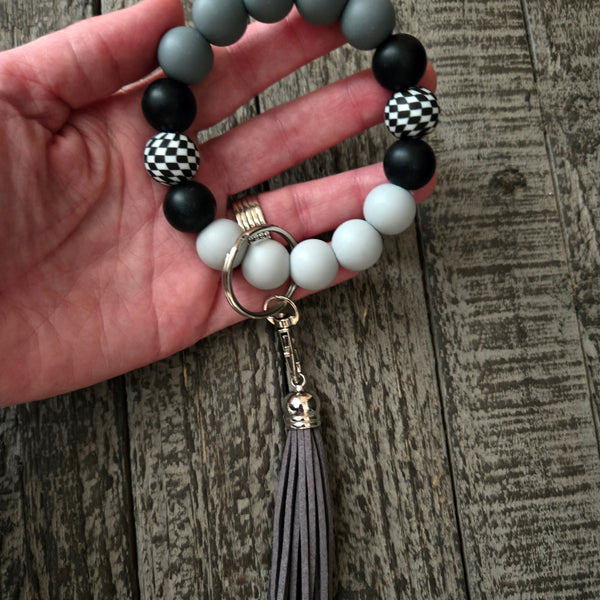 Wristlet Keychain - Checkered Beaded Silicone Key Fob Bracelet - Hands Free Keyring - Black Gray with Faux Leather Tassel