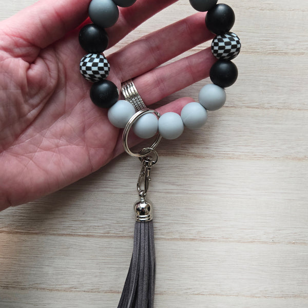 Wristlet Keychain - Checkered Beaded Silicone Key Fob Bracelet - Hands Free Keyring - Black Gray with Faux Leather Tassel