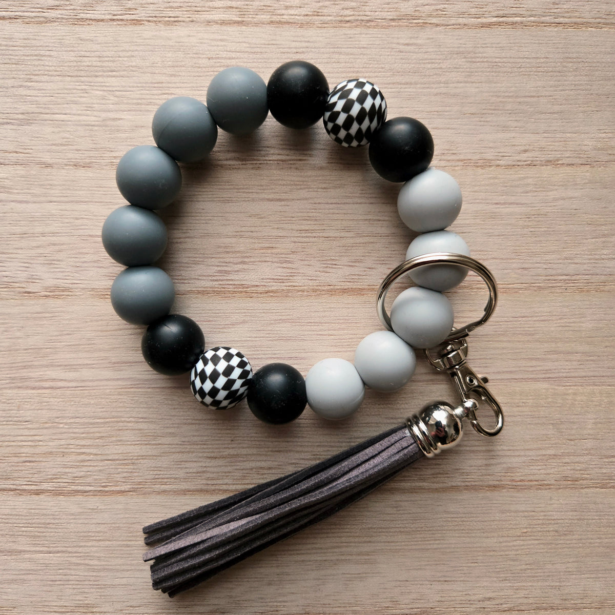 Wristlet Keychain - Checkered Beaded Silicone Key Fob Bracelet - Hands Free Keyring - Black Gray with Faux Leather Tassel