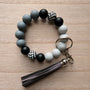 Wristlet Keychain - Checkered Beaded Silicone Key Fob Bracelet - Hands Free Keyring - Black Gray with Faux Leather Tassel