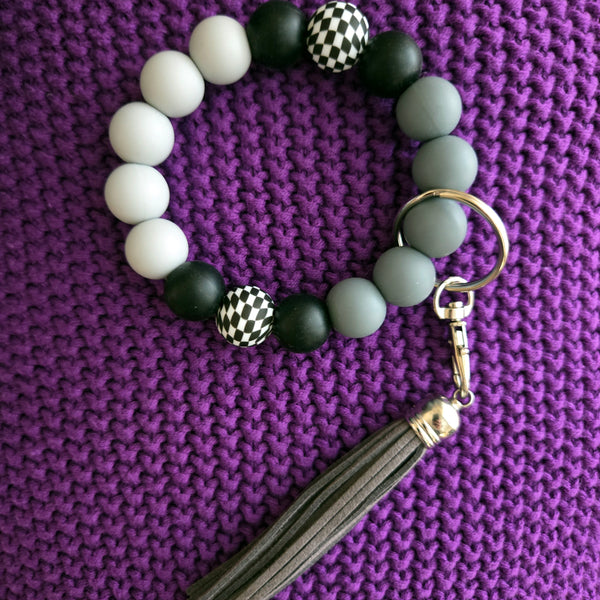Wristlet Keychain - Checkered Beaded Silicone Key Fob Bracelet - Hands Free Keyring - Black Gray with Faux Leather Tassel