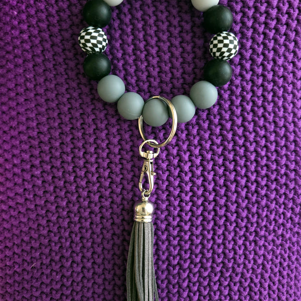 Wristlet Keychain - Checkered Beaded Silicone Key Fob Bracelet - Hands Free Keyring - Black Gray with Faux Leather Tassel