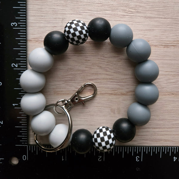 Wristlet Keychain - Checkered Beaded Silicone Key Fob Bracelet - Hands Free Keyring - Black Gray with Faux Leather Tassel