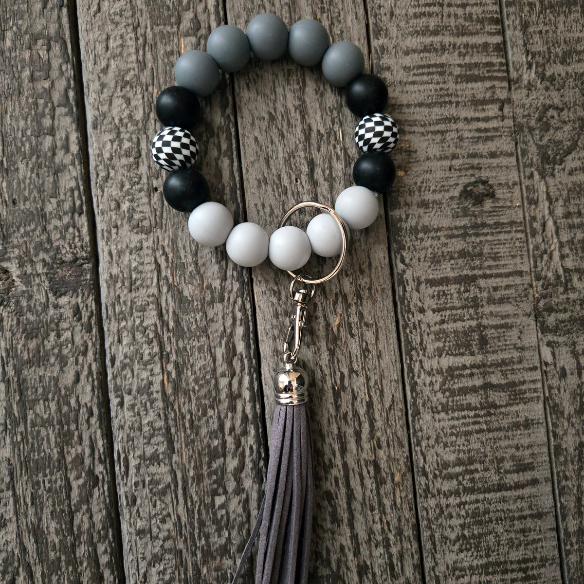 Wristlet Keychain - Checkered Beaded Silicone Key Fob Bracelet - Hands Free Keyring - Black Gray with Faux Leather Tassel