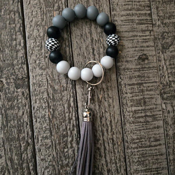 Wristlet Keychain - Checkered Beaded Silicone Key Fob Bracelet - Hands Free Keyring - Black Gray with Faux Leather Tassel