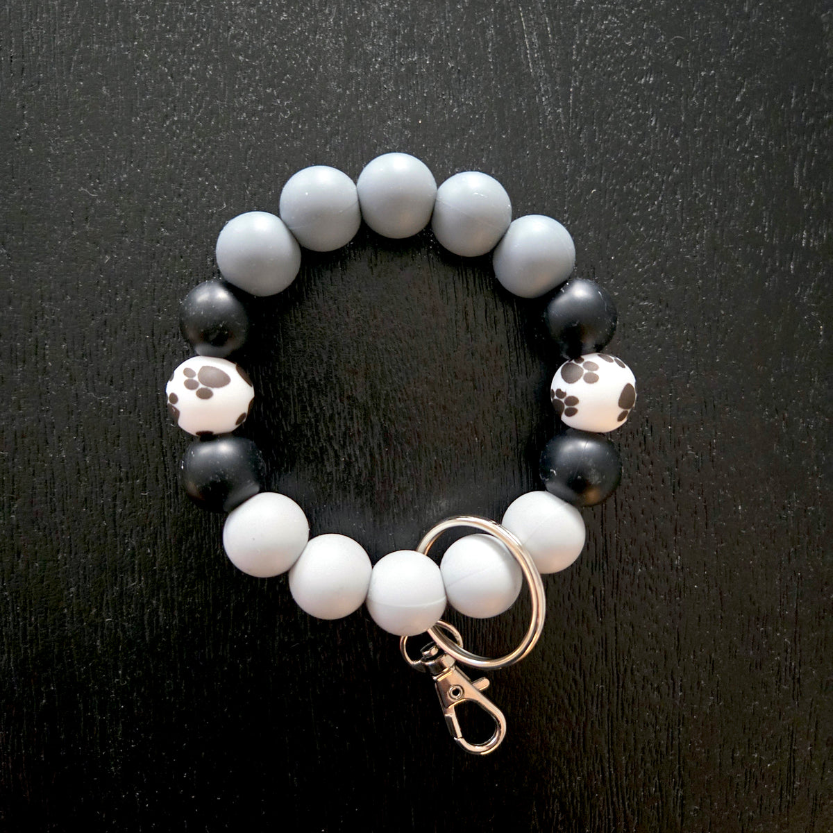 Wristlet Keychain - Silicone Beaded Key Fob Bracelet - Hands Free Keyring - Gray Black Paw Print & Gray Faux Leather Tassel