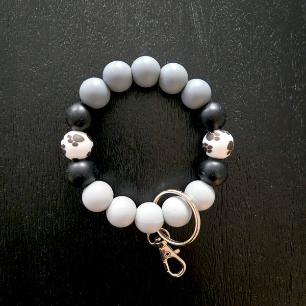 Wristlet Keychain - Silicone Beaded Key Fob Bracelet - Hands Free Keyring - Gray Black Paw Print & Gray Faux Leather Tassel