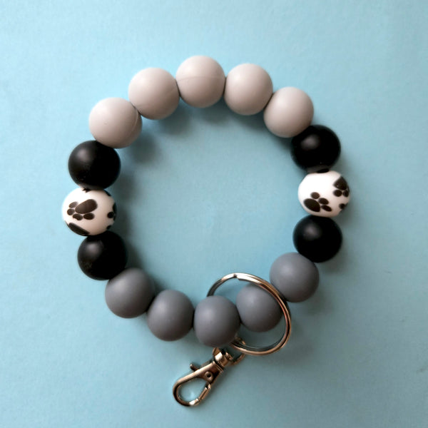 Wristlet Keychain - Silicone Beaded Key Fob Bracelet - Hands Free Keyring - Gray Black Paw Print & Gray Faux Leather Tassel