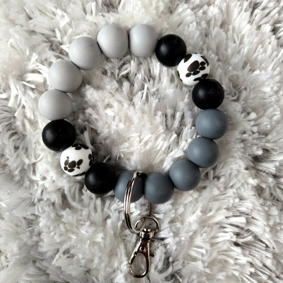 Wristlet Keychain - Silicone Beaded Key Fob Bracelet - Hands Free Keyring - Gray Black Paw Print & Gray Faux Leather Tassel