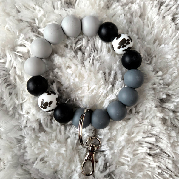 Wristlet Keychain - Silicone Beaded Key Fob Bracelet - Hands Free Keyring - Gray Black Paw Print & Gray Faux Leather Tassel