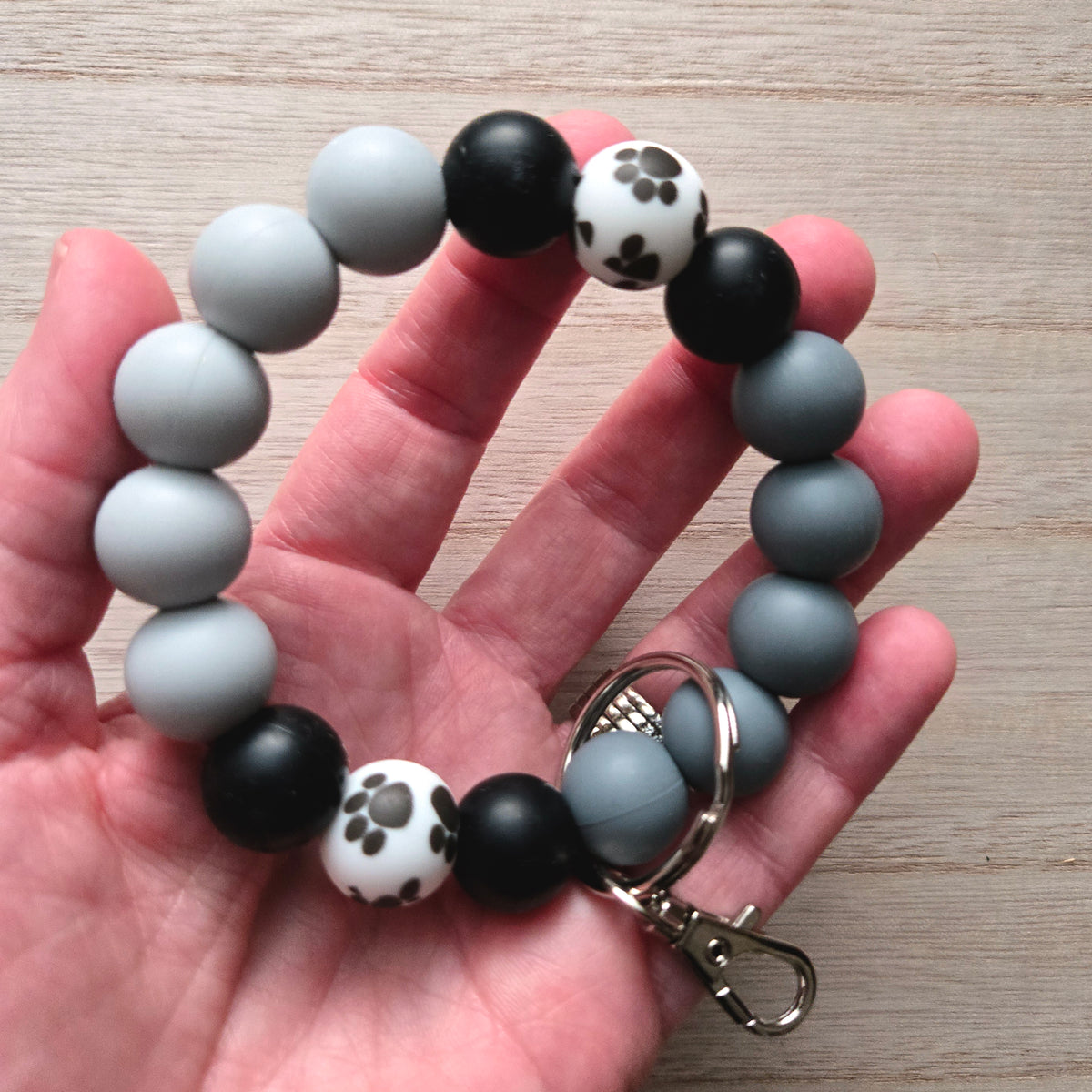 Wristlet Keychain - Silicone Beaded Key Fob Bracelet - Hands Free Keyring - Gray Black Paw Print & Gray Faux Leather Tassel