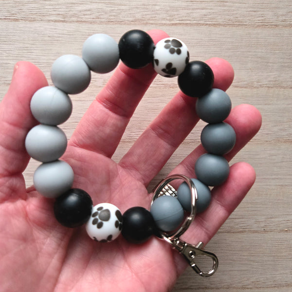 Wristlet Keychain - Silicone Beaded Key Fob Bracelet - Hands Free Keyring - Gray Black Paw Print & Gray Faux Leather Tassel