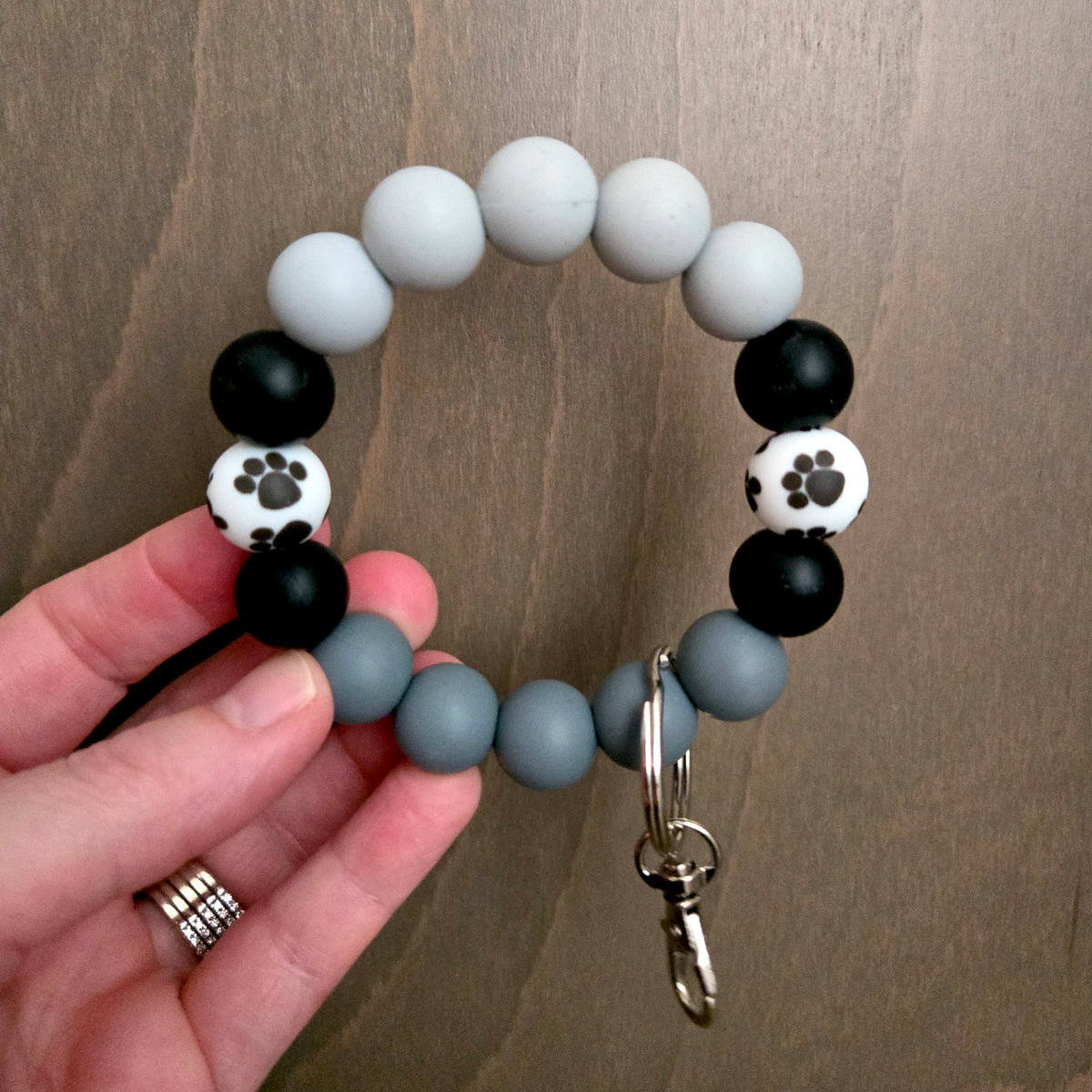 Wristlet Keychain - Silicone Beaded Key Fob Bracelet - Hands Free Keyring - Gray Black Paw Print & Gray Faux Leather Tassel