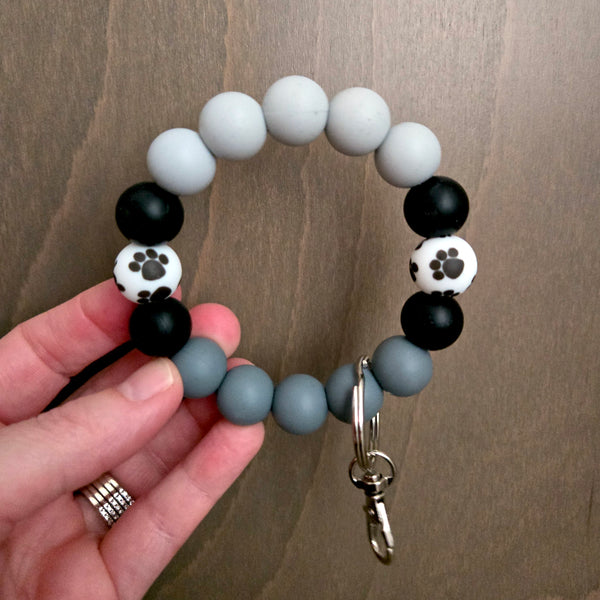 Wristlet Keychain - Silicone Beaded Key Fob Bracelet - Hands Free Keyring - Gray Black Paw Print & Gray Faux Leather Tassel