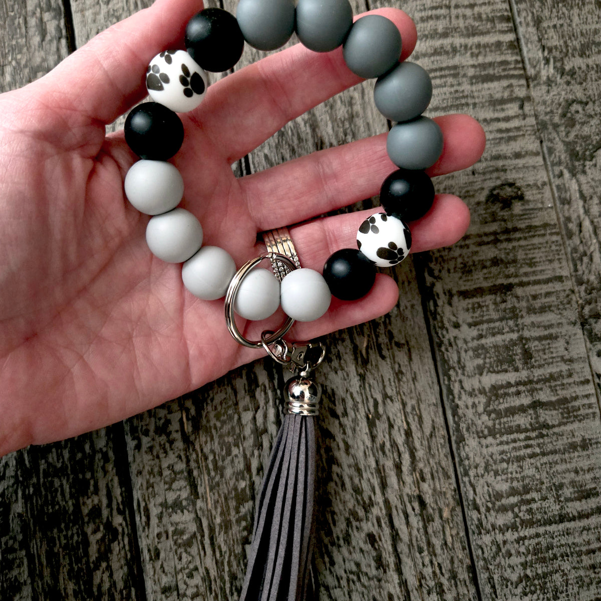 Wristlet Keychain - Silicone Beaded Key Fob Bracelet - Hands Free Keyring - Gray Black Paw Print & Gray Faux Leather Tassel