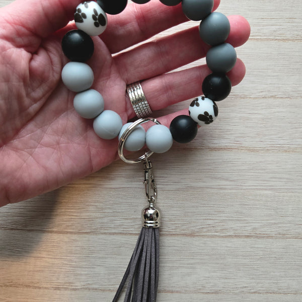 Wristlet Keychain - Silicone Beaded Key Fob Bracelet - Hands Free Keyring - Gray Black Paw Print & Gray Faux Leather Tassel