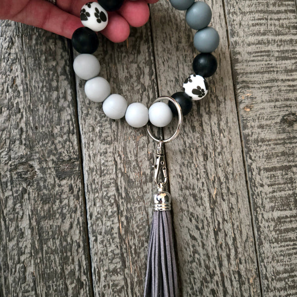 Wristlet Keychain - Silicone Beaded Key Fob Bracelet - Hands Free Keyring - Gray Black Paw Print & Gray Faux Leather Tassel