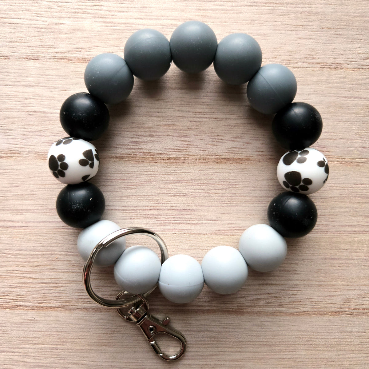 Wristlet Keychain - Silicone Beaded Key Fob Bracelet - Hands Free Keyring - Gray Black Paw Print & Gray Faux Leather Tassel