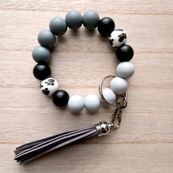 Wristlet Keychain - Silicone Beaded Key Fob Bracelet - Hands Free Keyring - Gray Black Paw Print & Gray Faux Leather Tassel