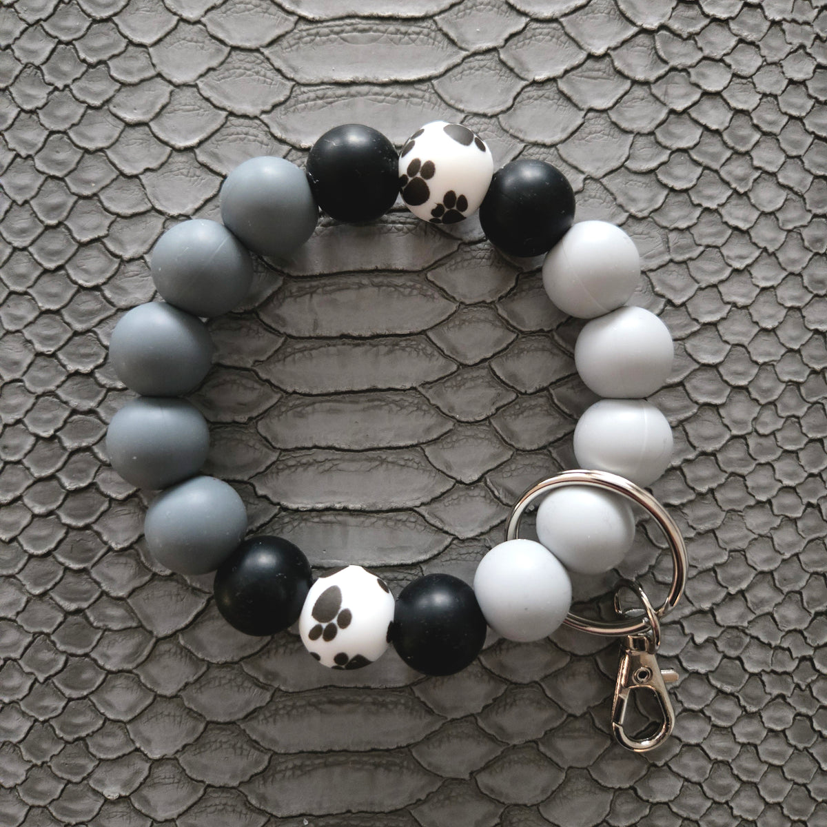 Wristlet Keychain - Silicone Beaded Key Fob Bracelet - Hands Free Keyring - Gray Black Paw Print & Gray Faux Leather Tassel