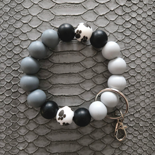 Wristlet Keychain - Silicone Beaded Key Fob Bracelet - Hands Free Keyring - Gray Black Paw Print & Gray Faux Leather Tassel