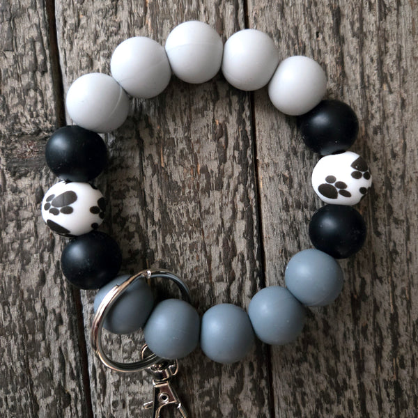 Wristlet Keychain - Silicone Beaded Key Fob Bracelet - Hands Free Keyring - Gray Black Paw Print & Gray Faux Leather Tassel