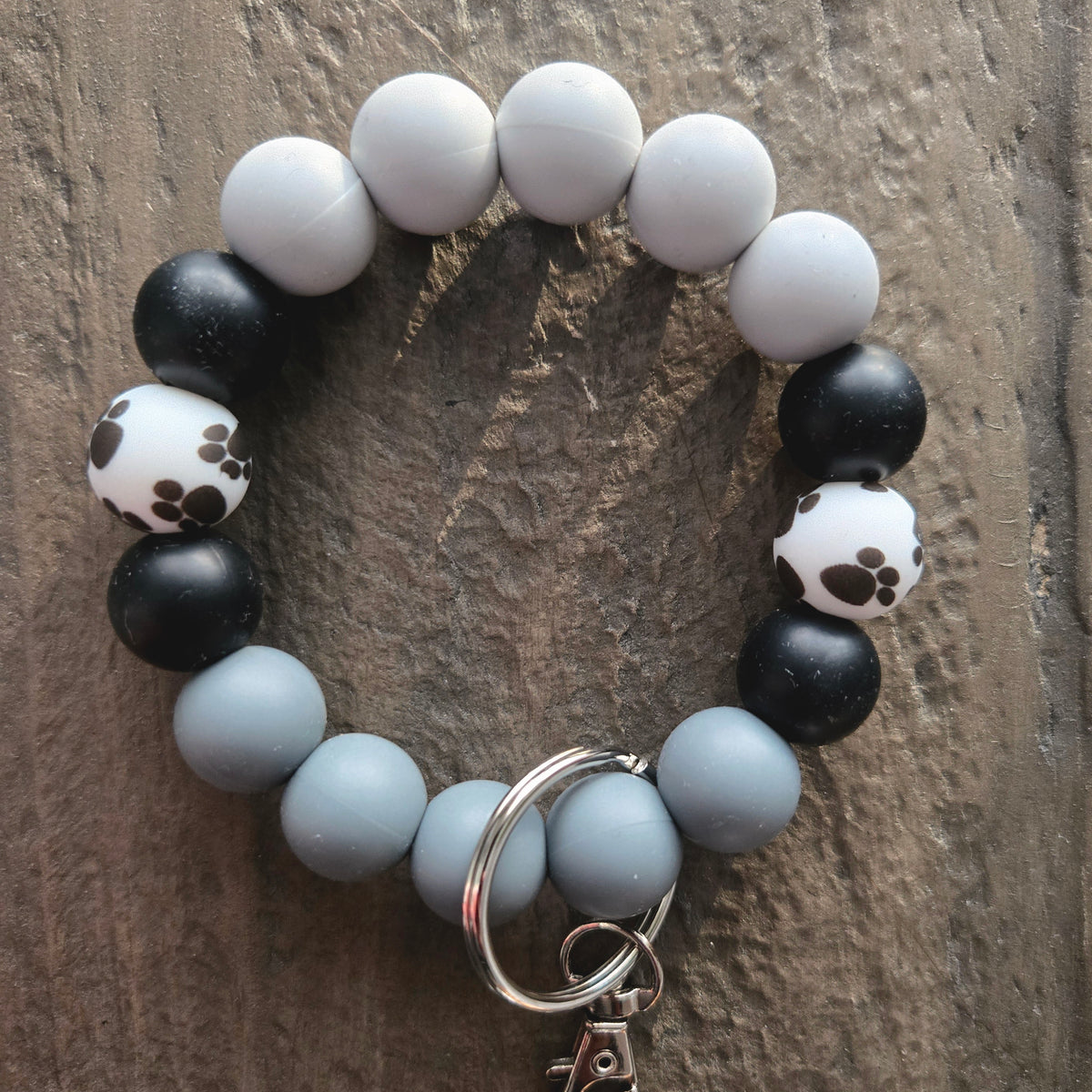 Wristlet Keychain - Silicone Beaded Key Fob Bracelet - Hands Free Keyring - Gray Black Paw Print & Gray Faux Leather Tassel